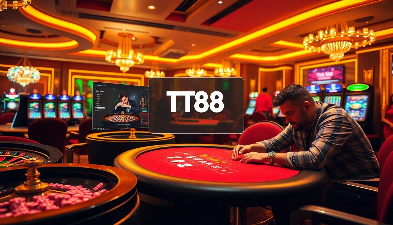 Experience high-stakes gaming at TT88 casino, showcasing exciting poker and slot action.