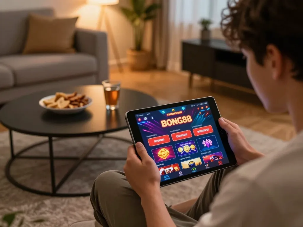 Bong88 gaming enthusiast using a tablet for online betting at home, showcasing a vibrant gambling atmosphere.