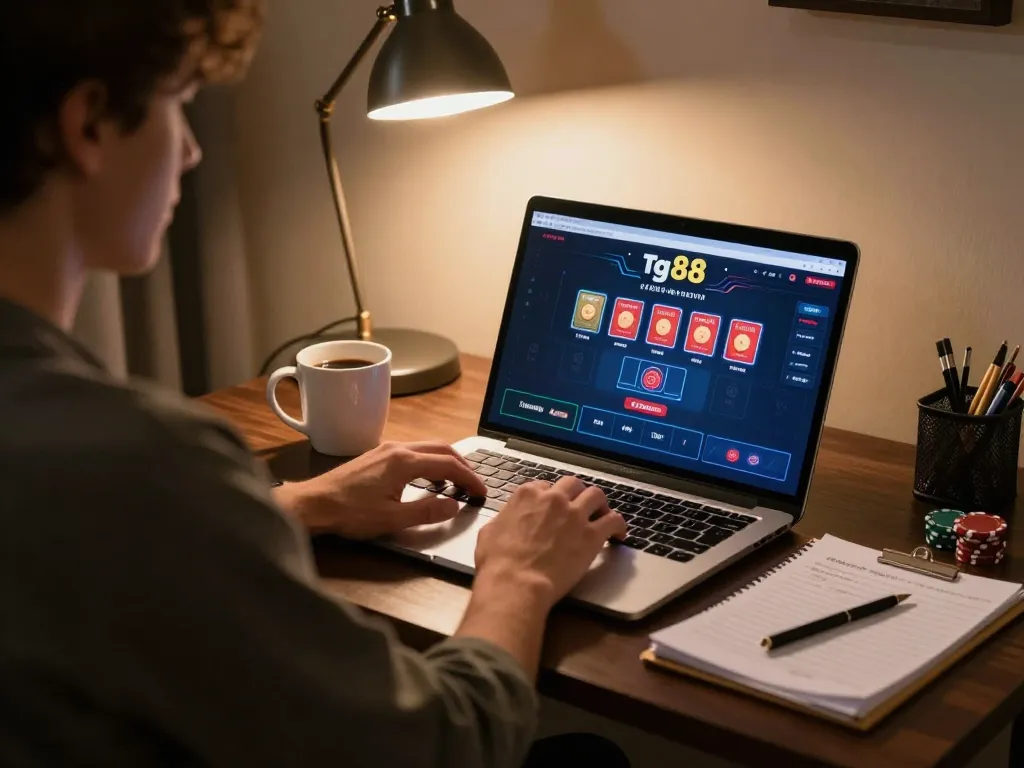 Player engaging in tg88 online poker on a laptop, with strategy notes for better odds.