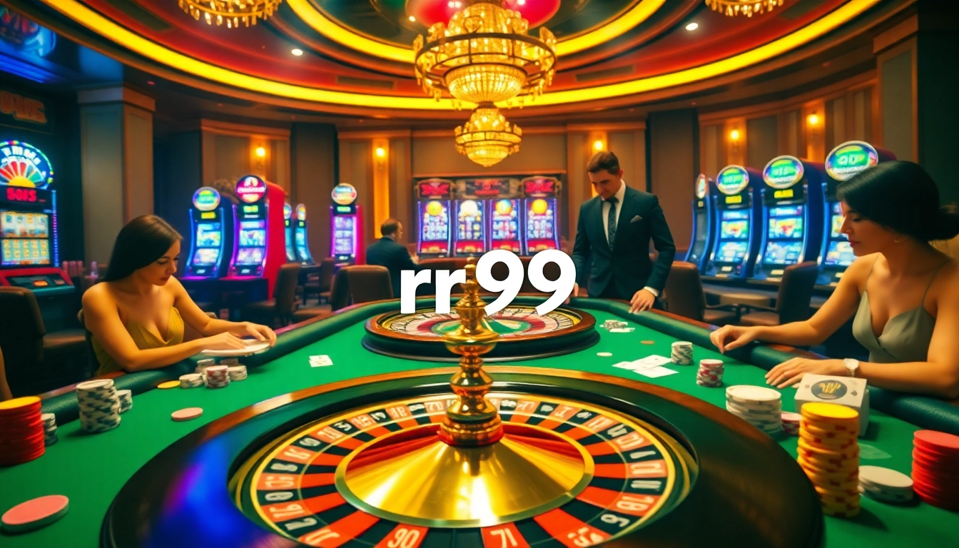 Experience thrilling gameplay at the rr99 casino with a vibrant roulette wheel and poker table.