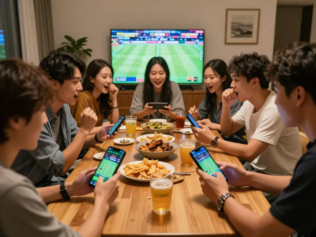 Friends enjoying live sports betting on xin88 app during a home gathering