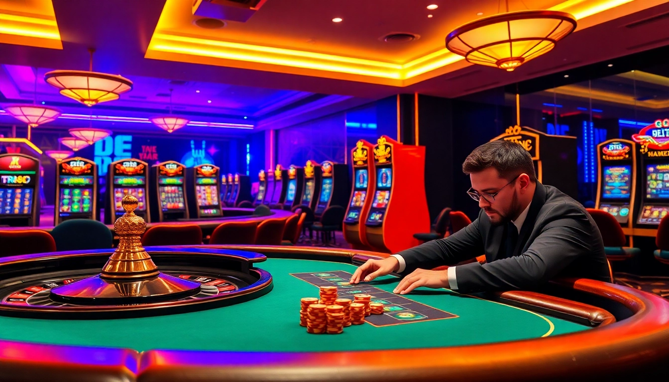 Engaged player strategizing at TR88 online poker table surrounded by vibrant casino visuals.