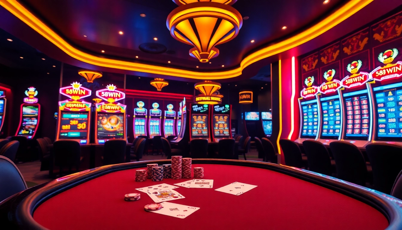 Experience the thrill of winning at 58WIN’s modern casino table with vibrant slot machines.