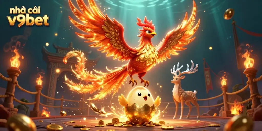 Engage with nhà cái v9bet featuring vibrant phoenix and mystical stag in a captivating casino scene.