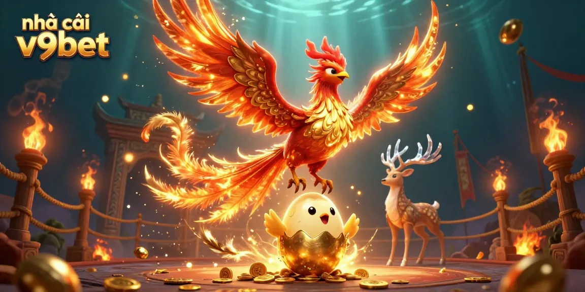 Engage with nhà cái v9bet featuring vibrant phoenix and mystical stag in a captivating casino scene.