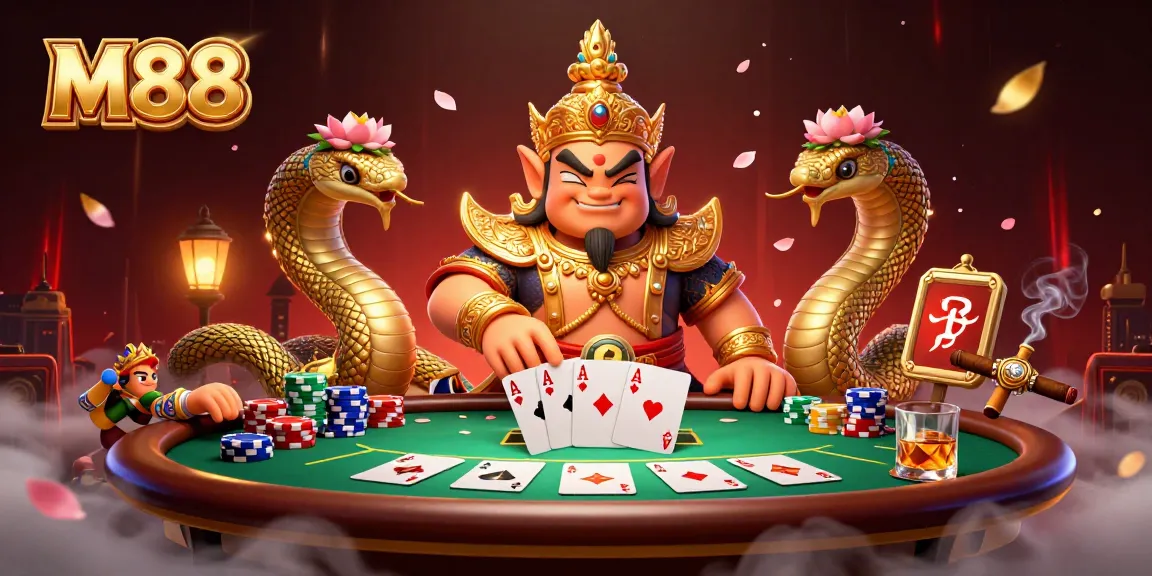 M88 poker table scene featuring golden guardian and serpent companions amidst vibrant chips and cards