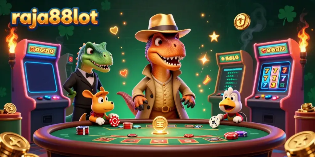 Experience the excitement of raja88slot with a velociraptor card counter and a stegosaurus boss at a blackjack table.