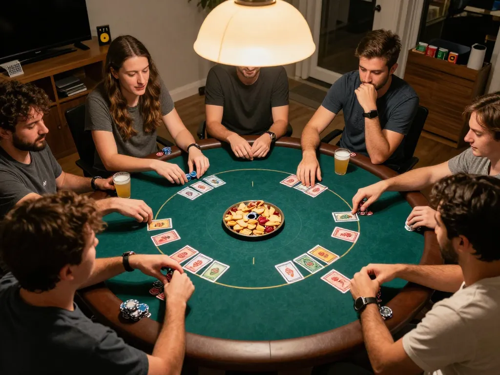Buổi tối chơi poker tại Go88 với bạn bè, thể hiện các lá bài, chip và không gian ấm cúng tại nhà