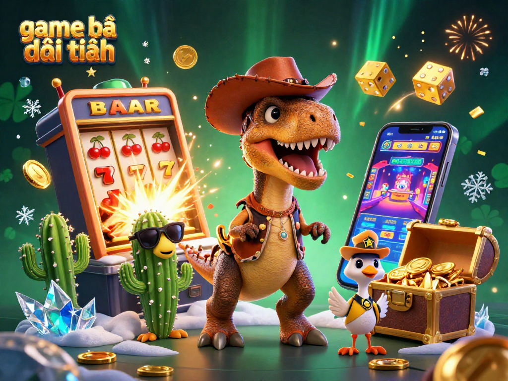 Experience exciting game bài đổi thưởng with a T-Rex cowboy and casino thrills in this vibrant 3D scene.