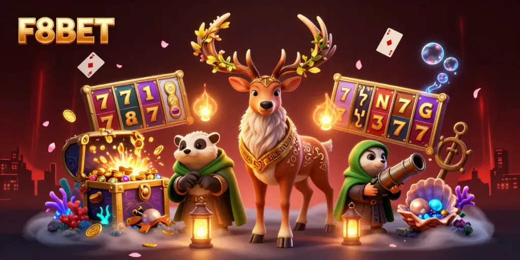 Experience the vibrant casino world with F8BET's stunning scenes featuring magical elements and exciting games.