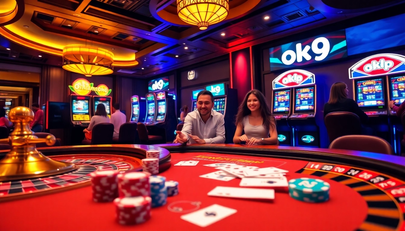 Engaging gamblers at a luxurious casino table showcasing ok9's vibrant poker and slot gaming experience.