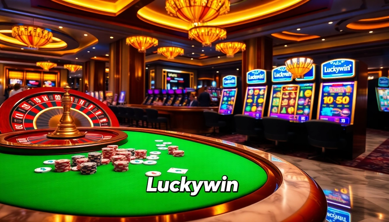 Luckywin poker table scene with vibrant chips and a dynamic roulette wheel.