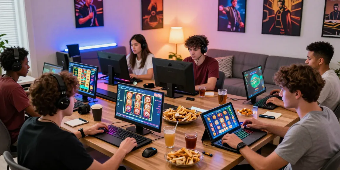 Engaged players enjoying games at a credit card casino with laptops and snacks.