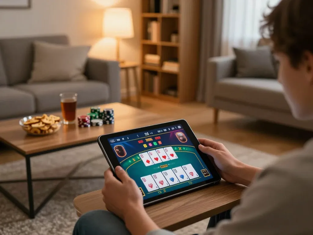 Experience engaging online casino gaming at Luck8 with a laptop and snacks in a cozy setting