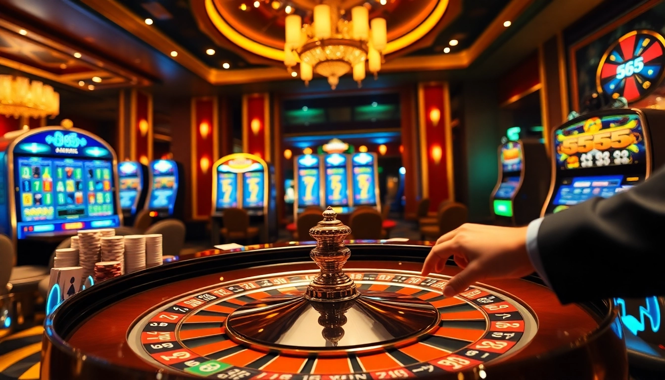 Experience the thrill of the 555 win at a luxurious casino with vibrant gaming action and excitement.