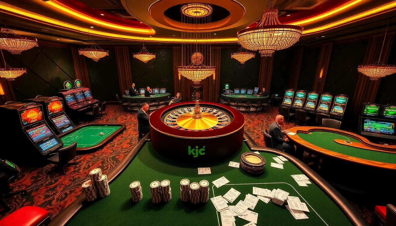 KJC players enjoying high-stakes poker at luxurious casino tables surrounded by vibrant slot machines.