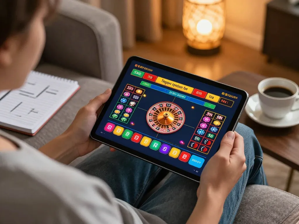 C168 player engaging in an exciting online roulette game with a tablet in a cozy setting
