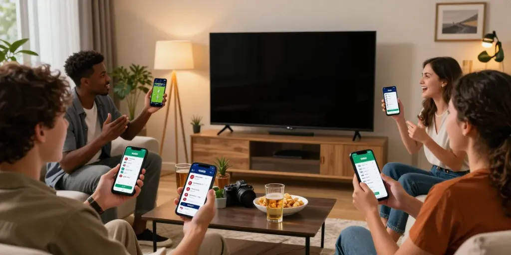 Friends engaging with VIN88 sports betting app watching an event.