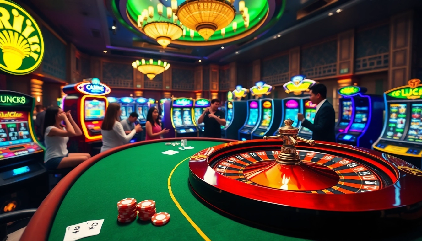 Experience the excitement of gaming at https://luck8k.cn.com with a vibrant casino scene featuring roulette and poker.