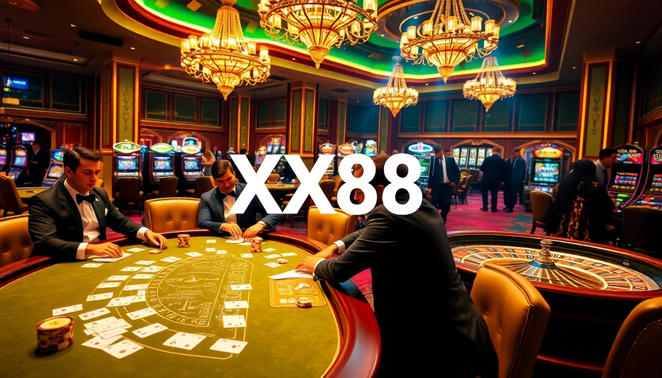 Gamblers enjoying an exciting game at the XX88 blackjack table in a luxurious casino.