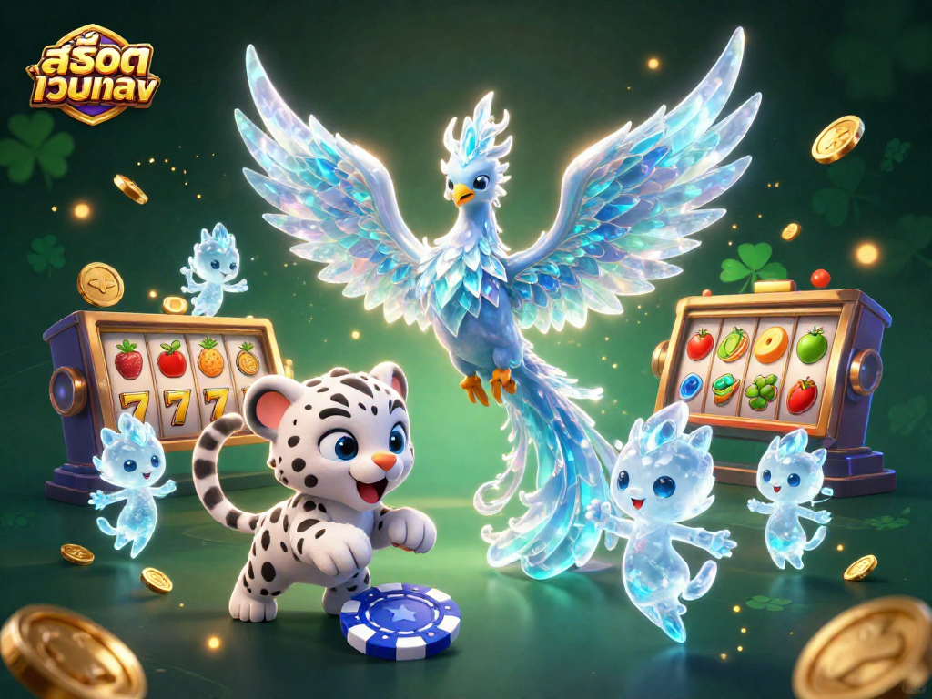 Experience the thrill of สล็อตเว็บตรง with an enchanting 3D fantasy scene depicting a magical ice phoenix and vibrant casino elements.
