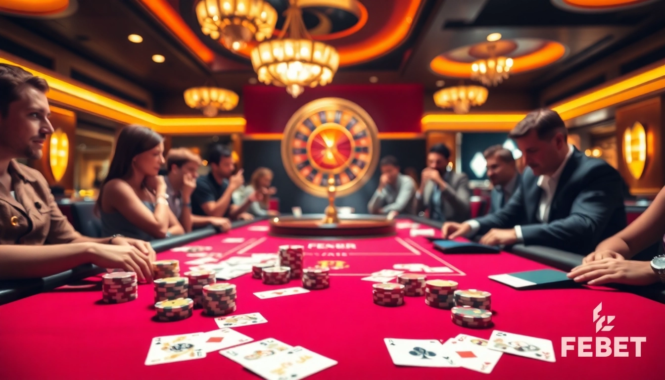 Engaging poker scene showcasing FE BET with vibrant chips and player excitement in a luxury casino.