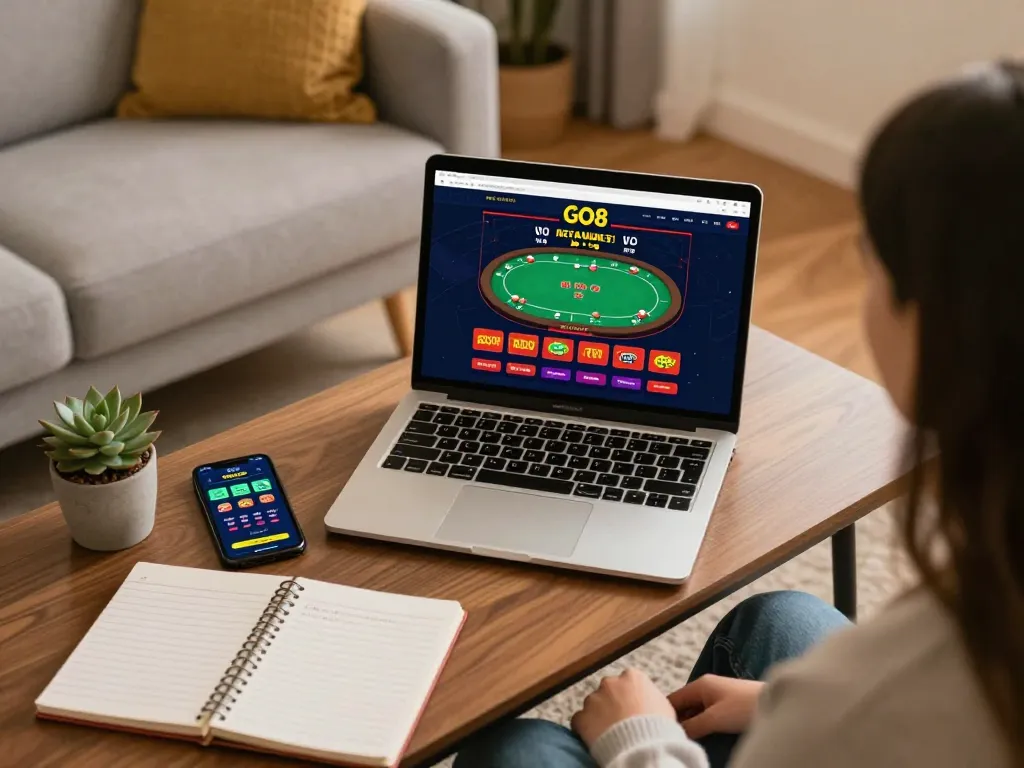 Engaging home gaming scene with a player exploring GO8 casino options on a laptop, reflecting strategic online gambling.