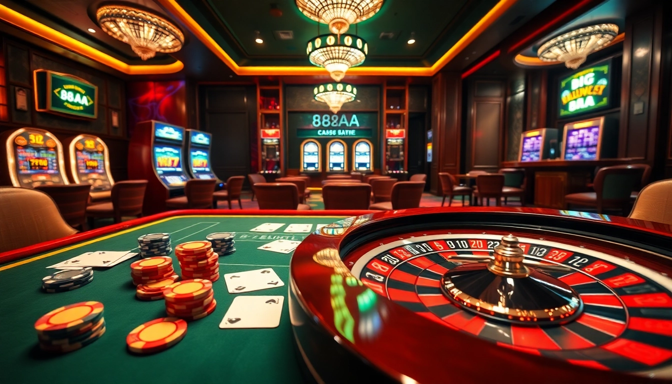 Experience the thrill of 88aa with vibrant poker chips and exciting casino tables in a luxurious setting.