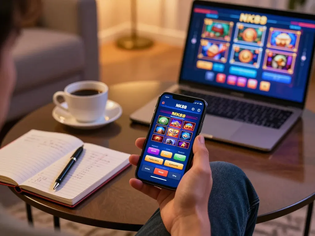 Engaging with NK88 mobile casino app on a smartphone in a cozy living room, illustrating online gaming.
