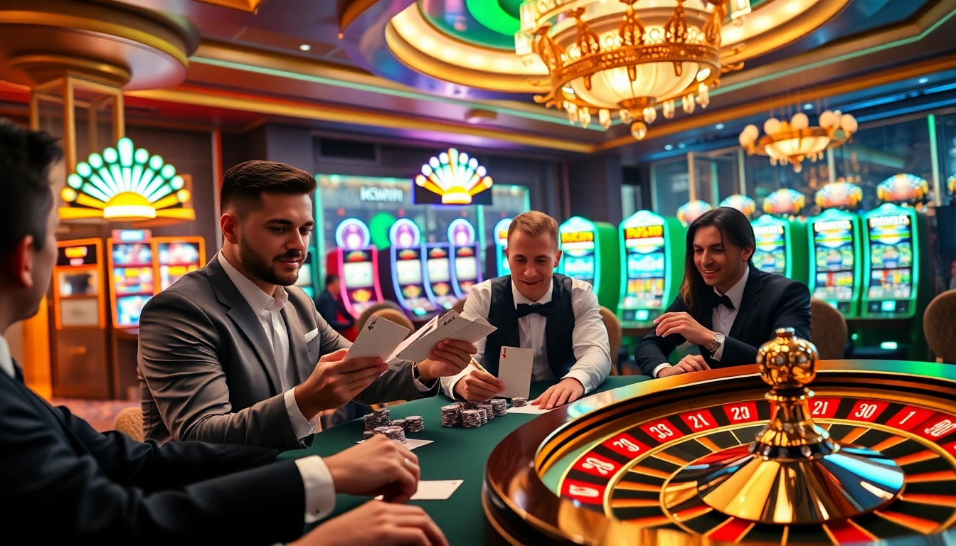 Players enjoying a thrilling poker game at Kkwin casino, with vibrant slot machines and roulette wheel in view.