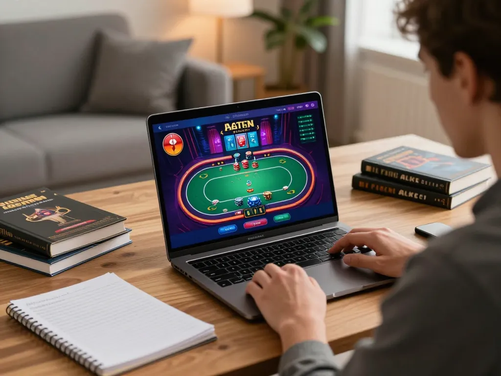 Player immersed in mm88 online poker game on laptop, showcasing a strategic gambling session.