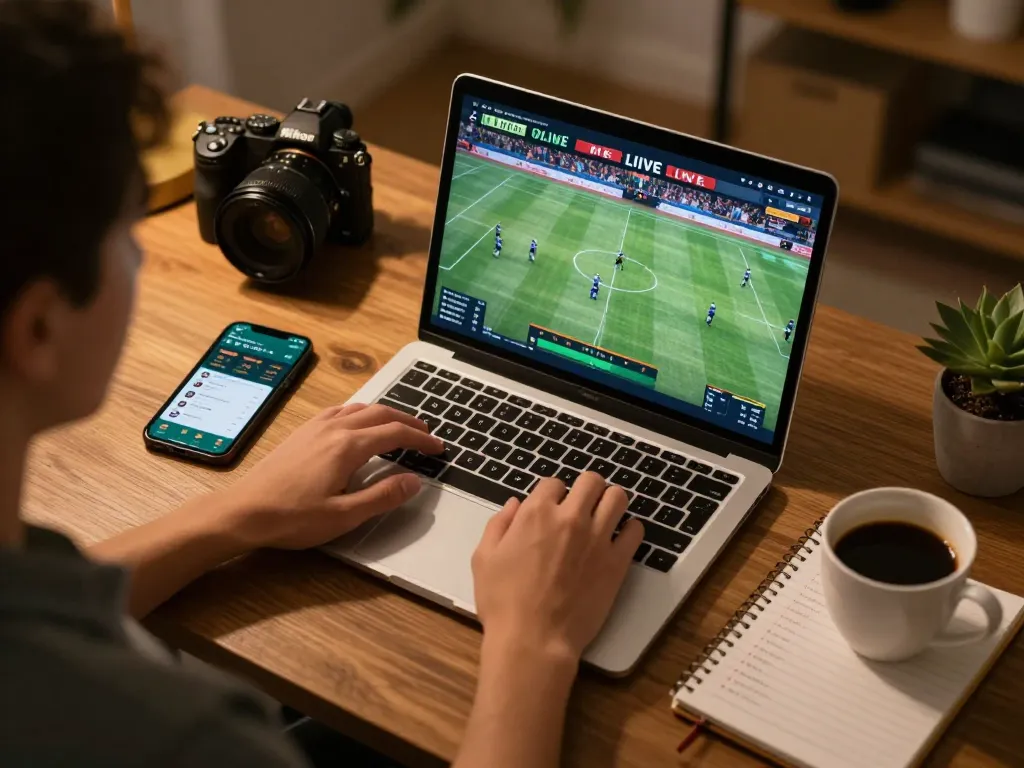 Au88 user strategically placing a sports bet on a laptop in a cozy home setting, showcasing the thrill of online gambling.