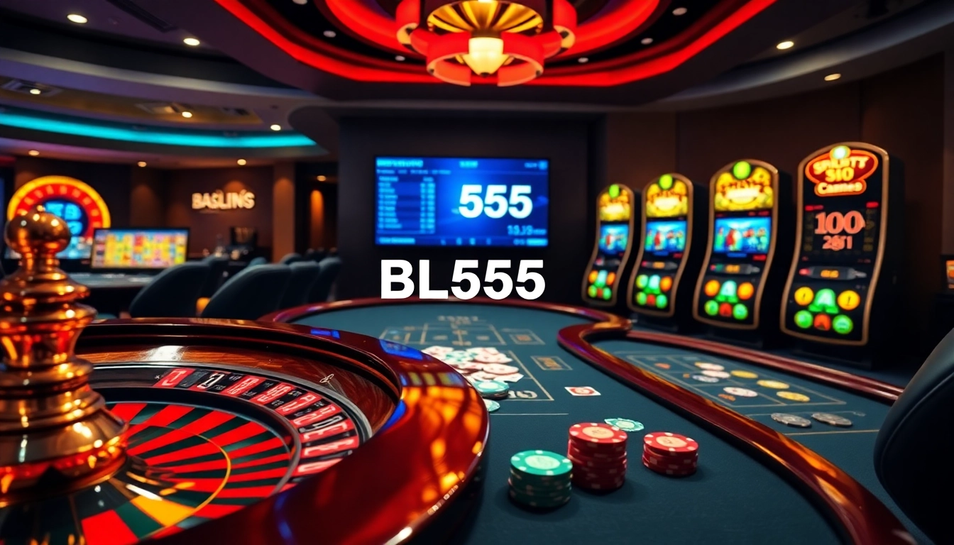 A dynamic online casino scene featuring BL555 with vibrant slot machines and poker tables.