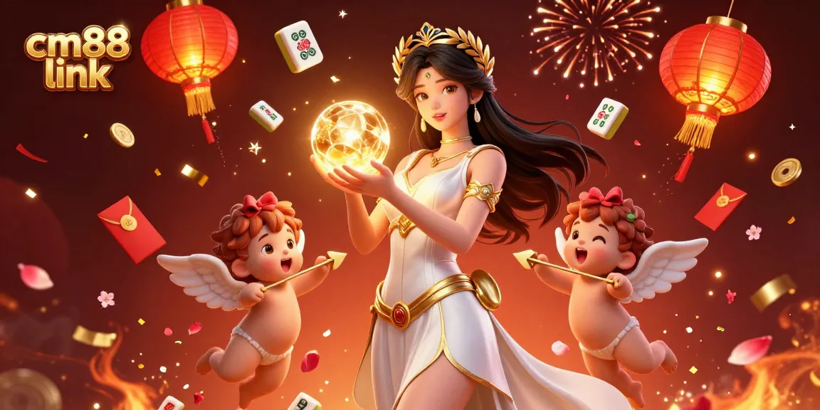 Experience the cm88 link with captivating casino elements, including a goddess, cherubs, and lottery accents.