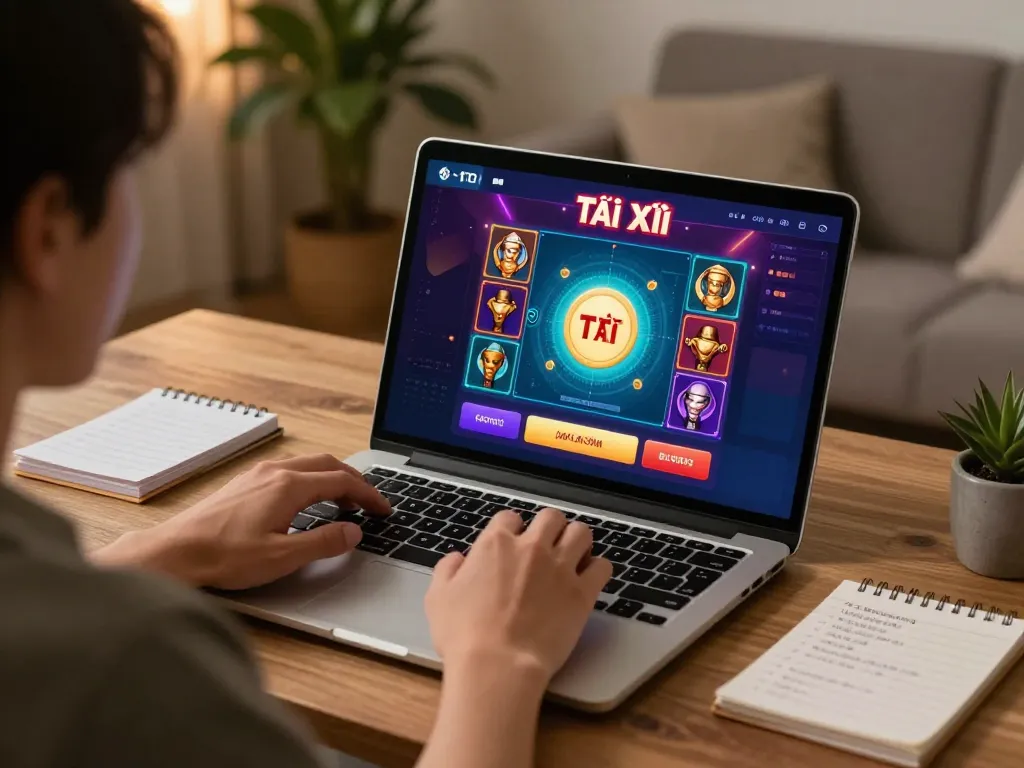 Engaging in online gameplay with app tài xỉu online uy tín on a laptop in a cozy setting.