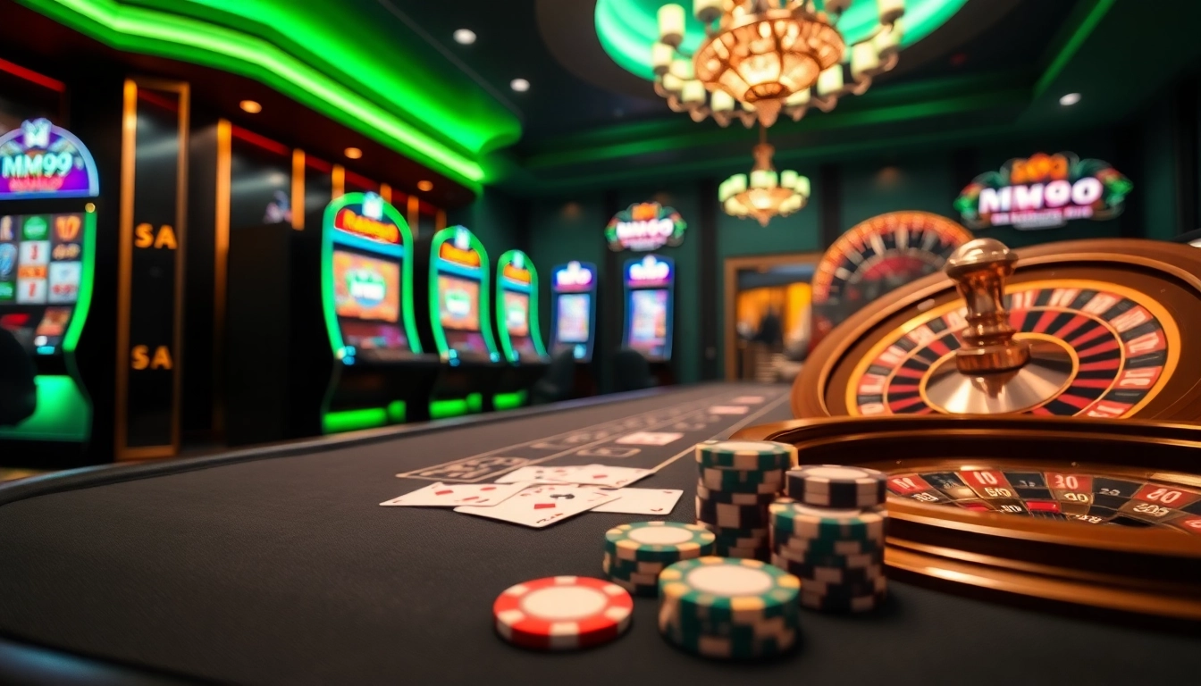 MM99 gaming table with vibrant slot machines and poker chips, showcasing excitement in online gambling.