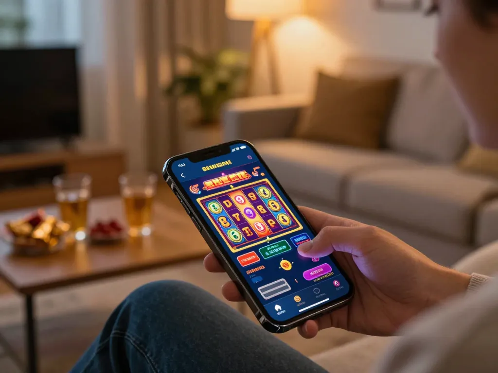 Enjoying mobile slot games at home with LC88 app interface on smartphone