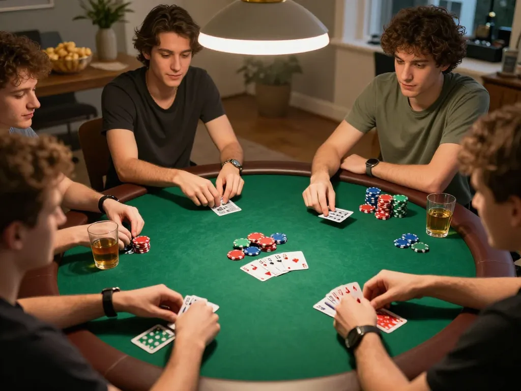 Players enjoying an exciting poker night at home with f168, showcasing winning hands and cheerful social interaction.