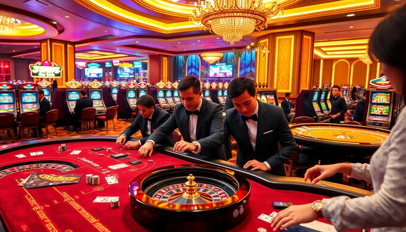 Experience the excitement of GG88 at a luxurious casino with dealers and slot machines.