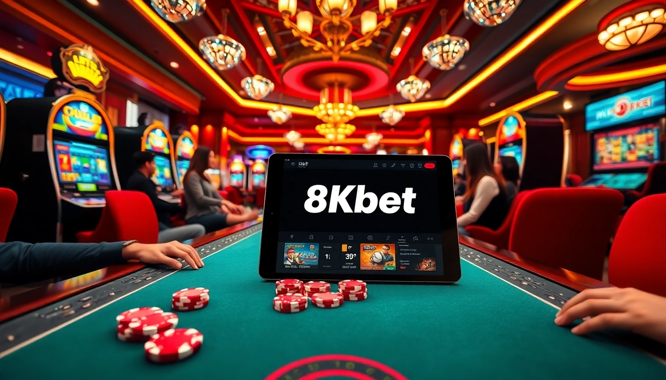 Experience the excitement of 8Kbet in a luxurious casino scene featuring vibrant slot machines and poker games.