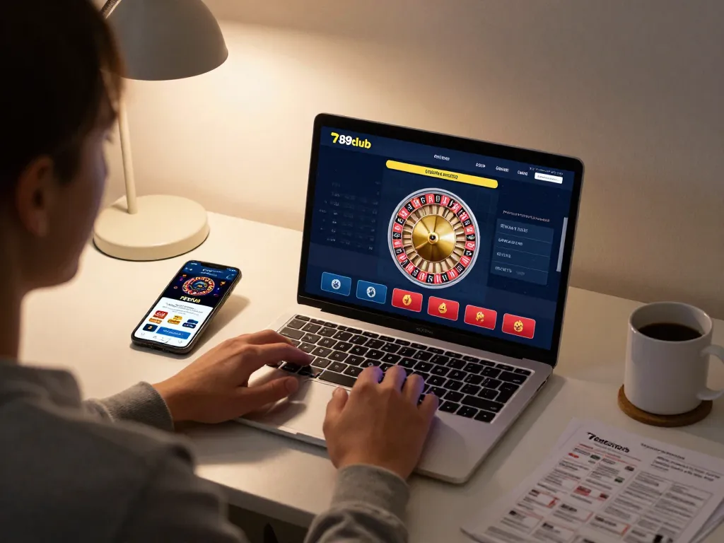 Person engaging with 789club online casino on laptop while strategizing with notes.