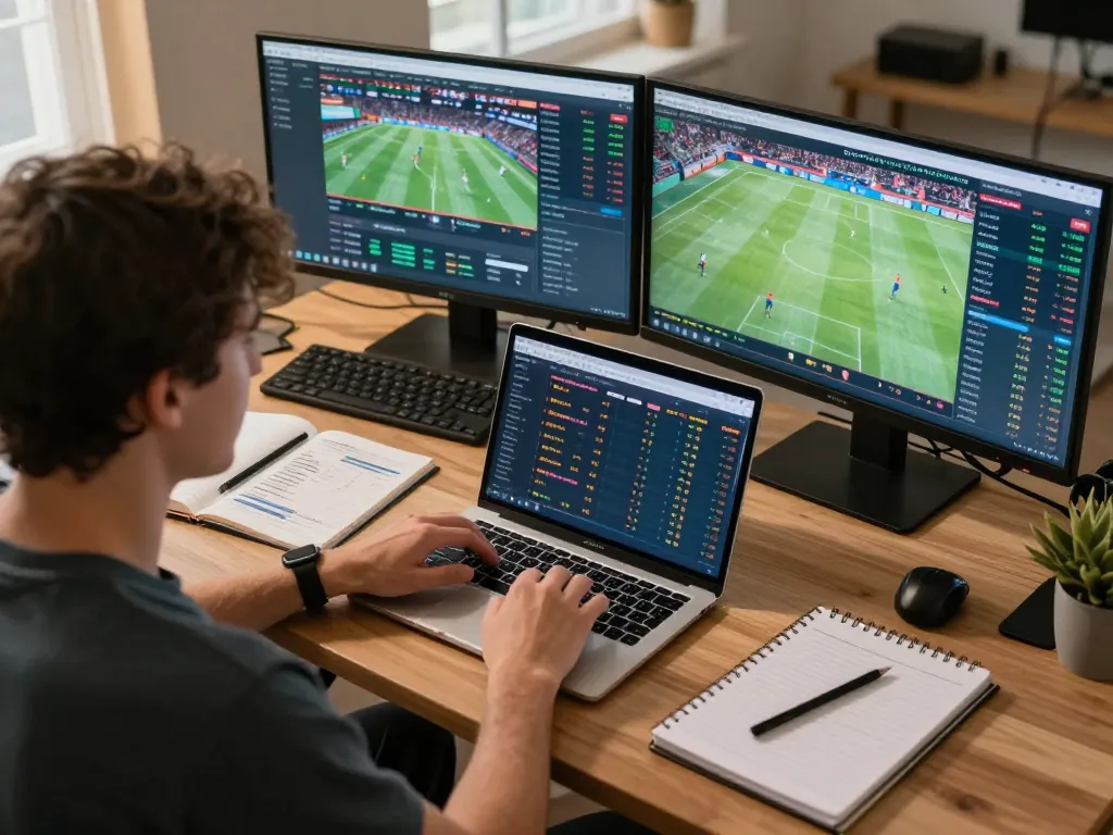 Engaged player strategizing bets on VK88 platform with multiple sports events on screens
