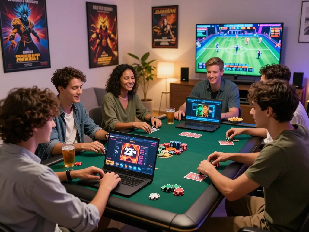 Friends enjoying a lively game night featuring 23win online casino games