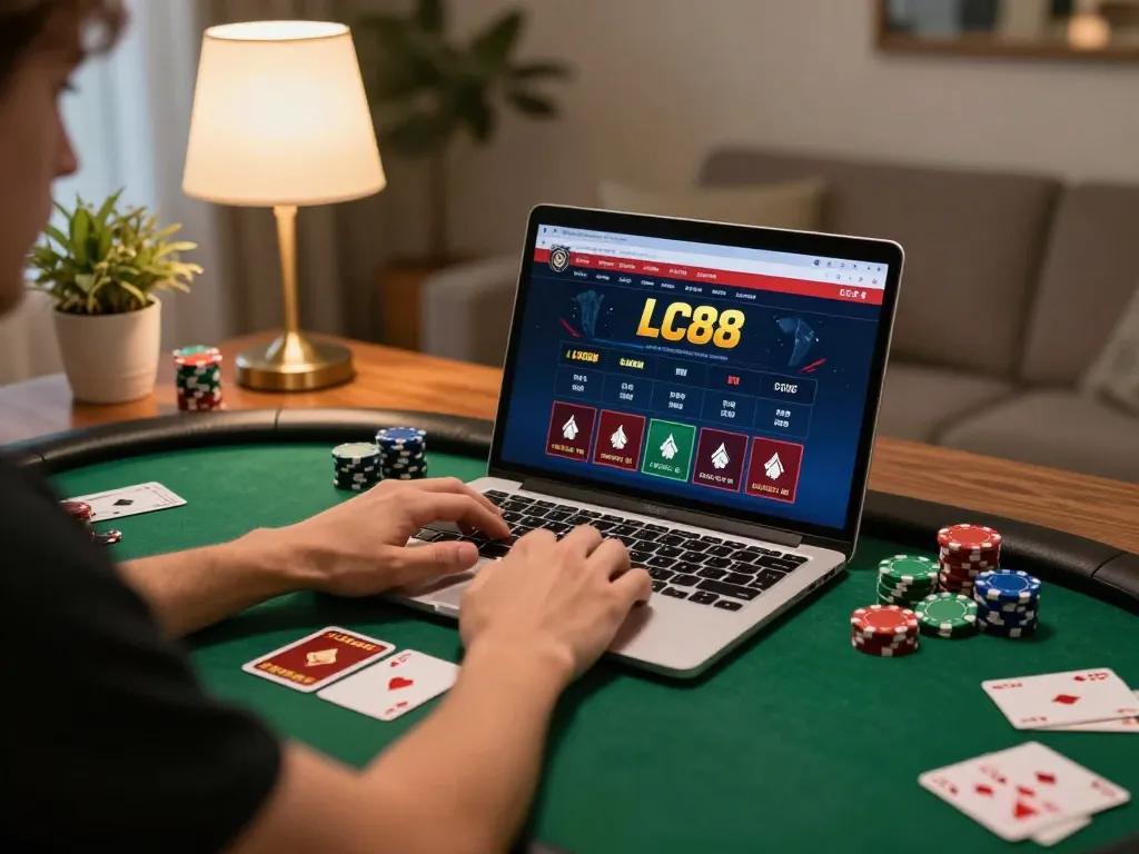 Player enjoying their LC88 online casino experience with chips laid out and laptop active.