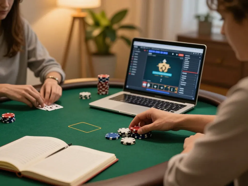 MMOO player preparing for a strategic poker session at home with chips and notes