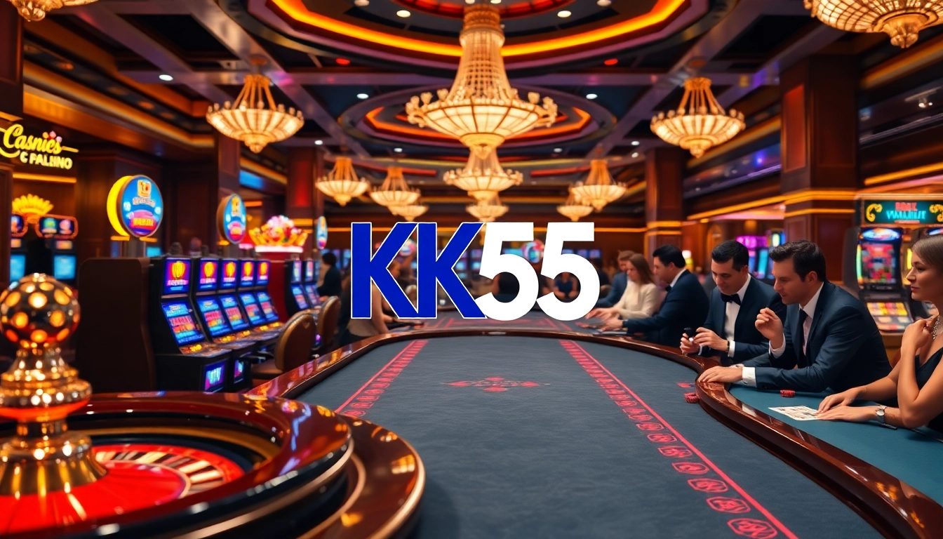 KK55 casino with vibrant gaming tables, chips, and exciting atmosphere for gamblers.