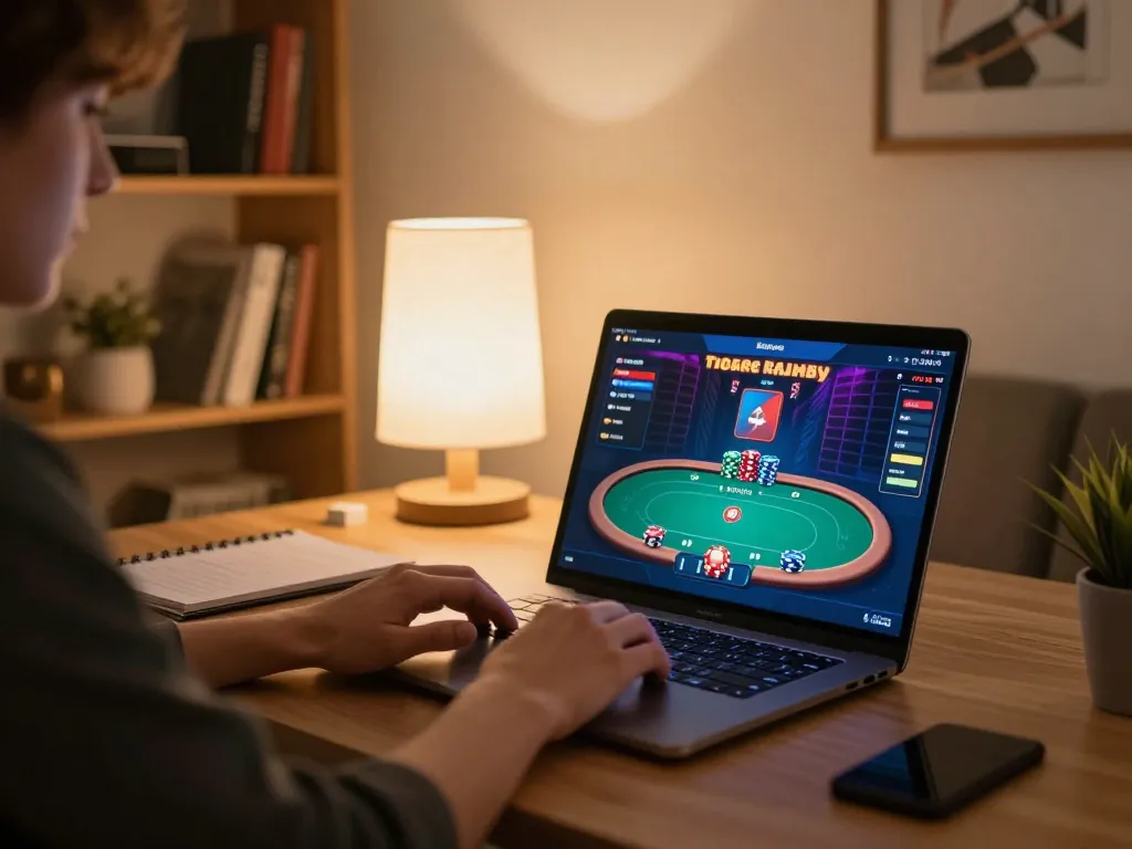 Engaged player using F8BET for online poker, demonstrating strategic gameplay at home