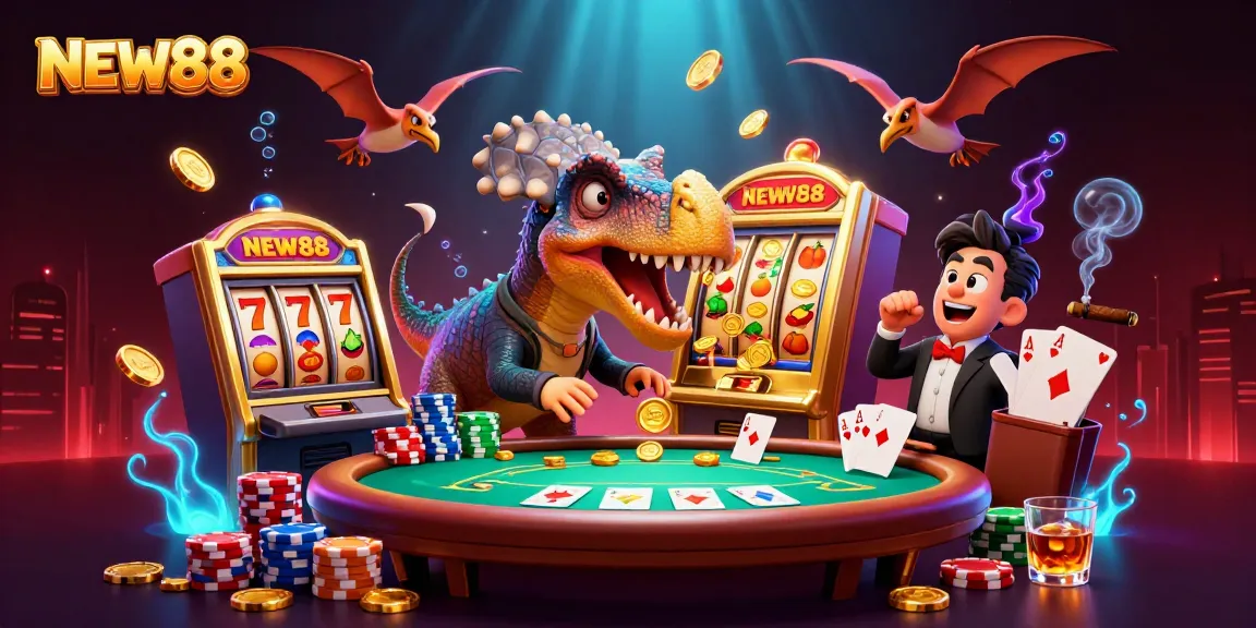 NEW88 slot machine illustration with a pachycephalosaurus jackpot, dynamic casino scene.