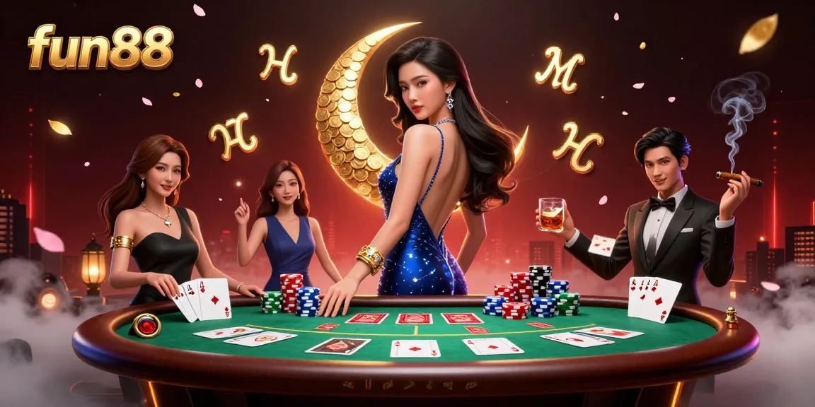 Experience exhilarating gameplay at fun88, featuring an Asian woman in a casino setting with poker elements.