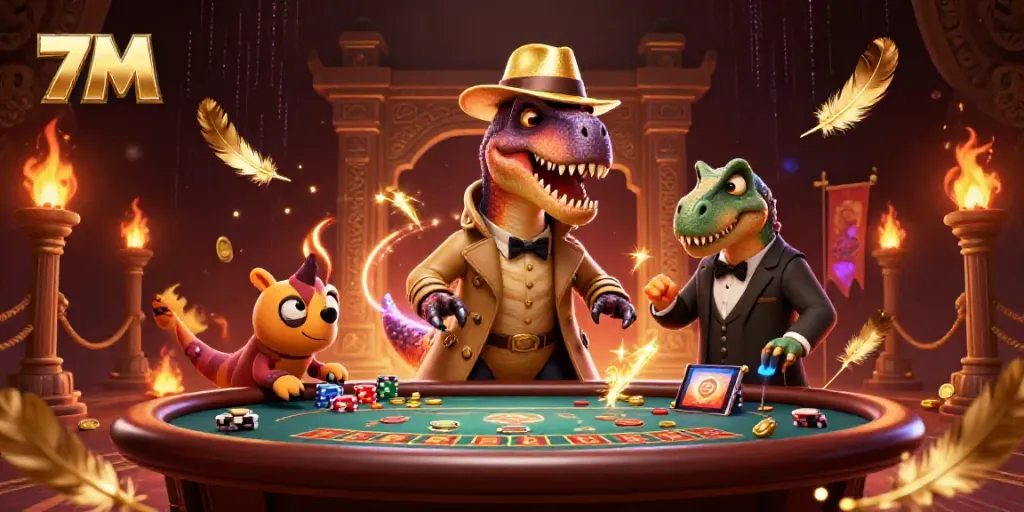 Experience thrilling moments with 7M as a velociraptor card counter interacts with a curious pit boss at a blackjack table.